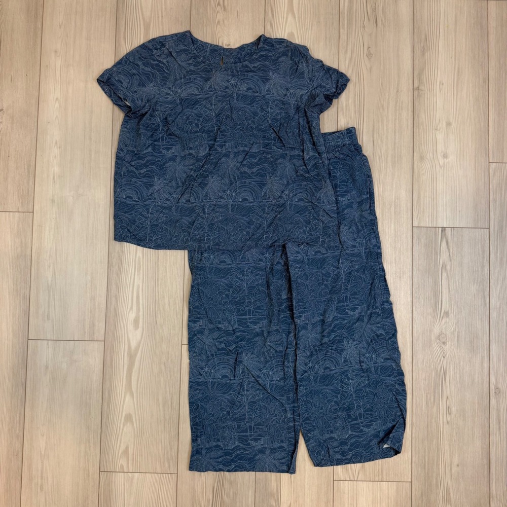 J. Jill Blue Tropical Print Rayon Lounge Set Top & Wide Leg Pants Sea Tropics